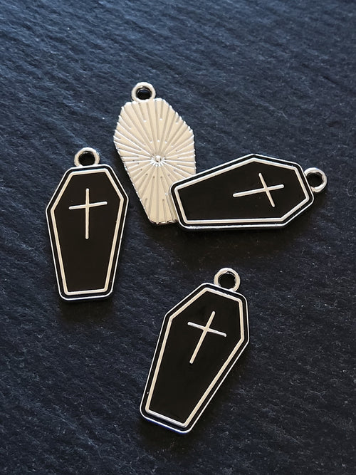4 or 20 Coffin Charms Silver Tone Alloy & Black Enamel 23x13mm - ContentedCatz