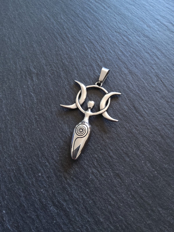 Large Stainless Steel Triple Moon Goddess Pendants 51x36x6.5mm - ContentedCatz