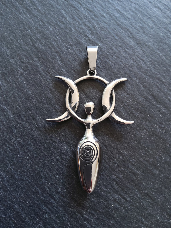 Large Stainless Steel Triple Moon Goddess Pendants 51x36x6.5mm - ContentedCatz
