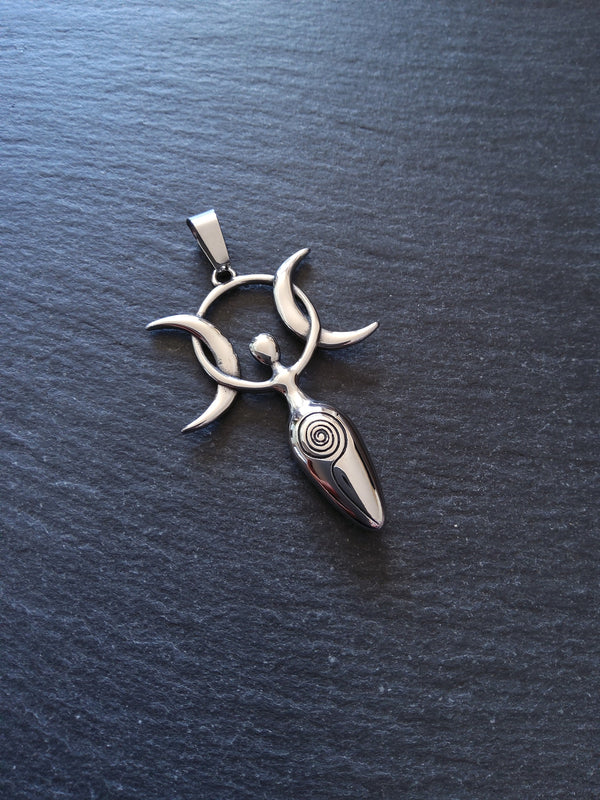 Large Stainless Steel Triple Moon Goddess Pendants 51x36x6.5mm - ContentedCatz
