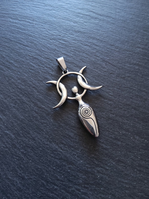 Large Stainless Steel Triple Moon Goddess Pendants 51x36x6.5mm - ContentedCatz