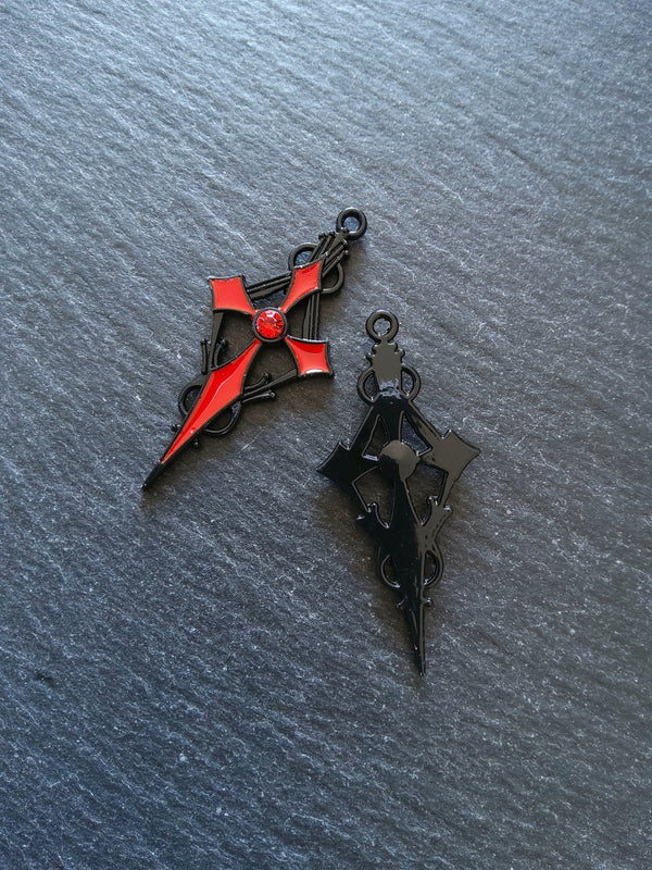 2 or 10 Gothic Black & Red Cross Crucifix Pendants with Red Rhinestone Antique 48x22mm