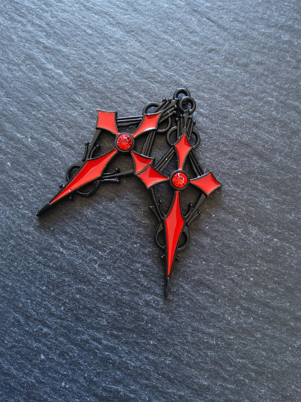 2 or 10 Gothic Black & Red Cross Crucifix Pendants with Red Rhinestone Antique 48x22mm
