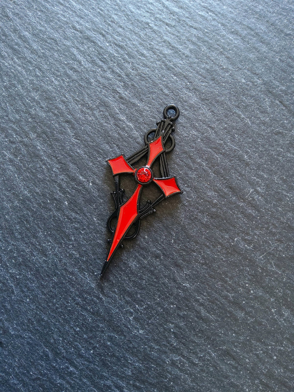 2 or 10 Gothic Black & Red Cross Crucifix Pendants with Red Rhinestone Antique 48x22mm