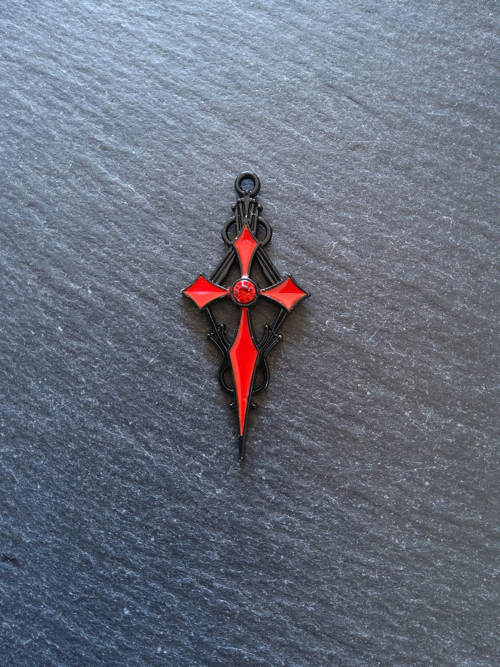2 or 10 Gothic Black & Red Cross Crucifix Pendants with Red Rhinestone Antique 48x22mm