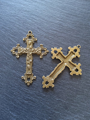 2 or 10 Large Antique Bronze Tone Crucifix Pendants Victorian Flower Pattern 74x53mm Nickel FREE