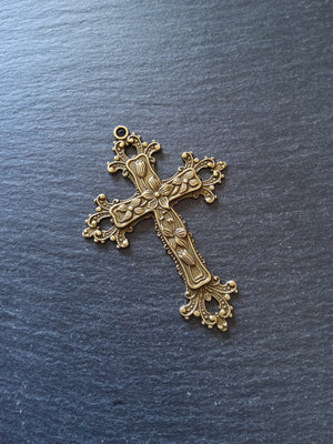 2 or 10 Large Antique Bronze Tone Crucifix Pendants Victorian Flower Pattern 74x53mm Nickel FREE