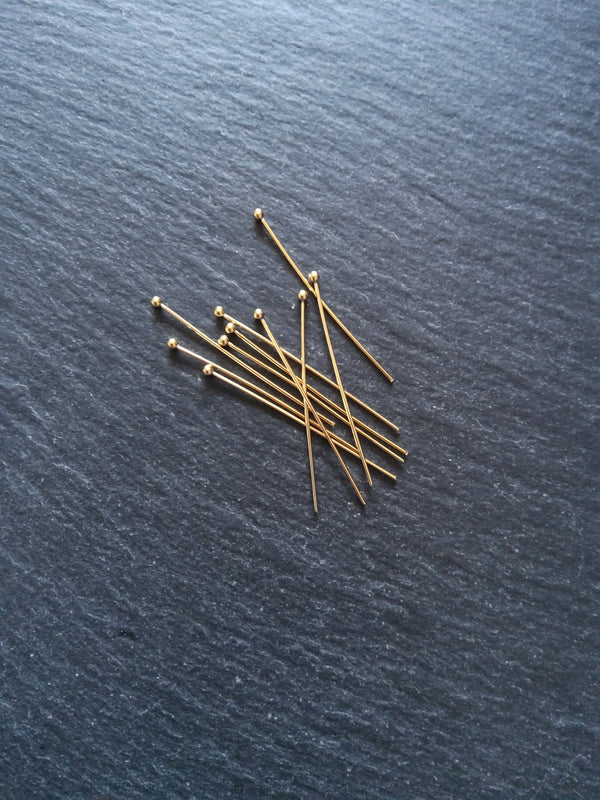 10 or 50 Genuine 24K Gold Plated Stainless Steel Ball Head Pins 40mm Long 0.7mm Wide (21 gauge)