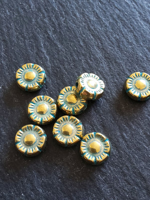 10 or 50 Flower Beads 10mm Antique Gold Tone with Green Patina 10x4mm.
