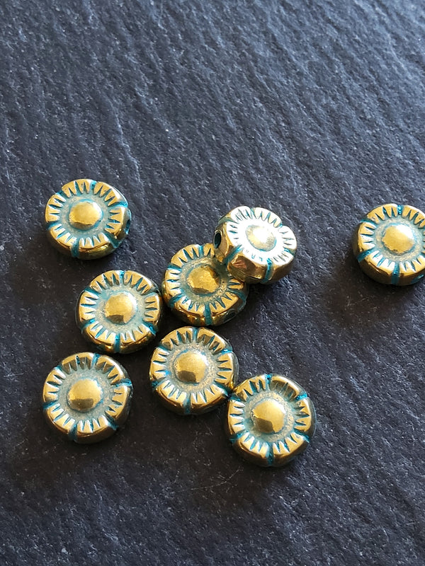 10 or 50 Flower Beads 10mm Antique Gold Tone with Green Patina 10x4mm.