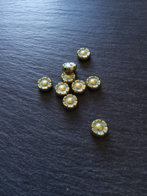 10 or 50 Flower Beads 10mm Antique Gold Tone with Green Patina 10x4mm.