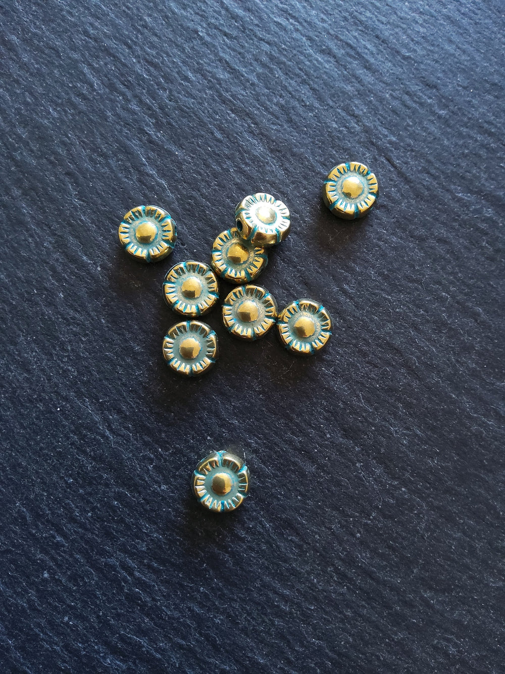 10 or 50 Flower Beads 10mm Antique Gold Tone with Green Patina 10x4mm.