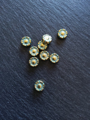10 or 50 Flower Beads 10mm Antique Gold Tone with Green Patina 10x4mm.