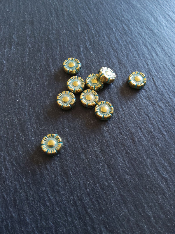 10 or 50 Flower Beads 10mm Antique Gold Tone with Green Patina 10x4mm.