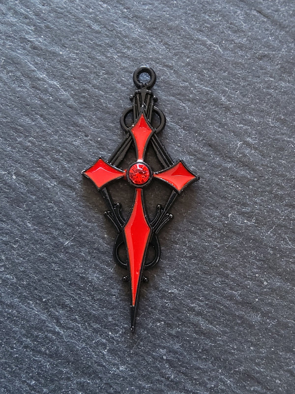 2 or 10 Gothic Black & Red Cross Crucifix Pendants with Red Rhinestone Antique 48x22mm