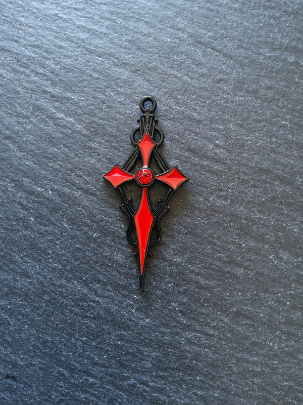 2 or 10 Gothic Black & Red Cross Crucifix Pendants with Red Rhinestone Antique 48x22mm