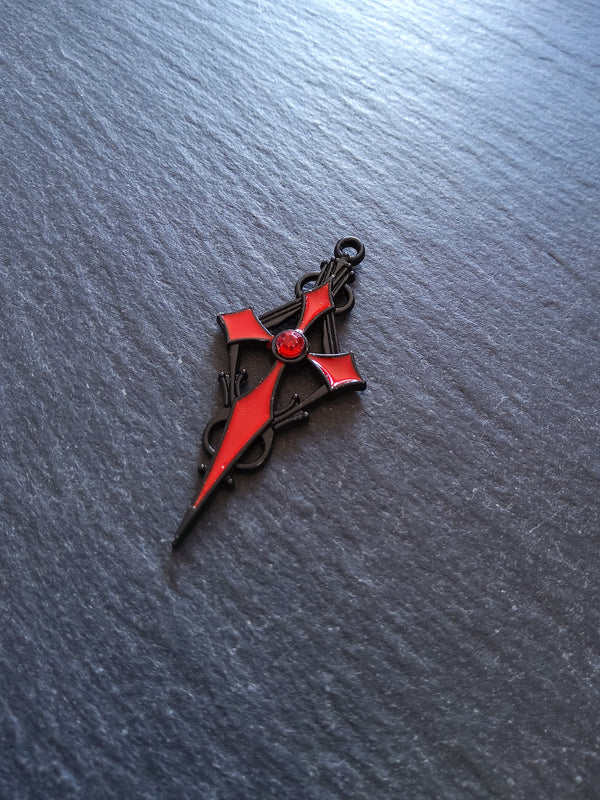 2 or 10 Gothic Black & Red Cross Crucifix Pendants with Red Rhinestone Antique 48x22mm