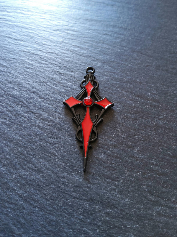 2 or 10 Gothic Black & Red Cross Crucifix Pendants with Red Rhinestone Antique 48x22mm