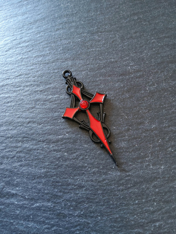 2 or 10 Gothic Black & Red Cross Crucifix Pendants with Red Rhinestone Antique 48x22mm