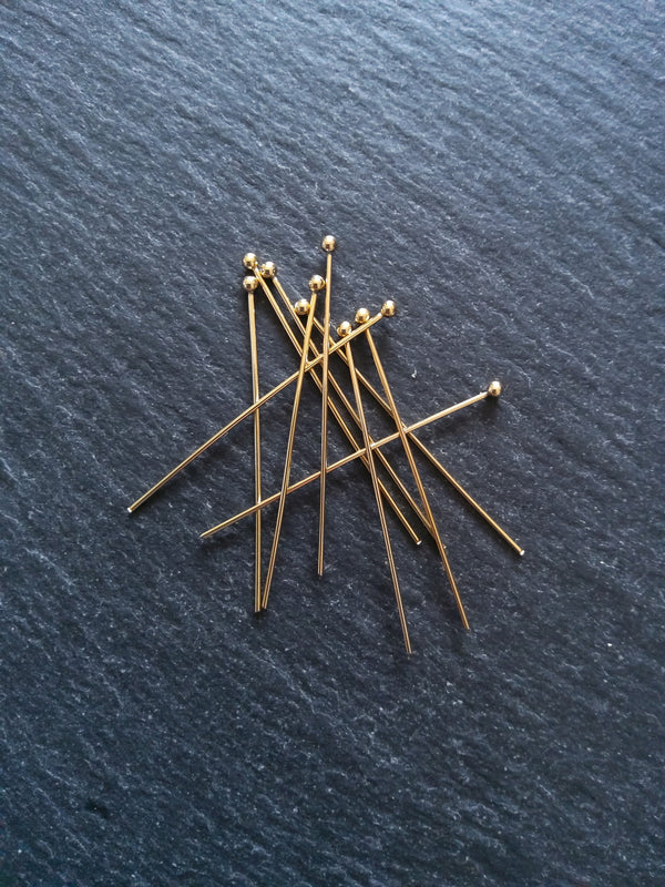 10 or 50 Genuine 24K Gold Plated Stainless Steel Ball Head Pins 40mm Long 0.7mm Wide (21 gauge)