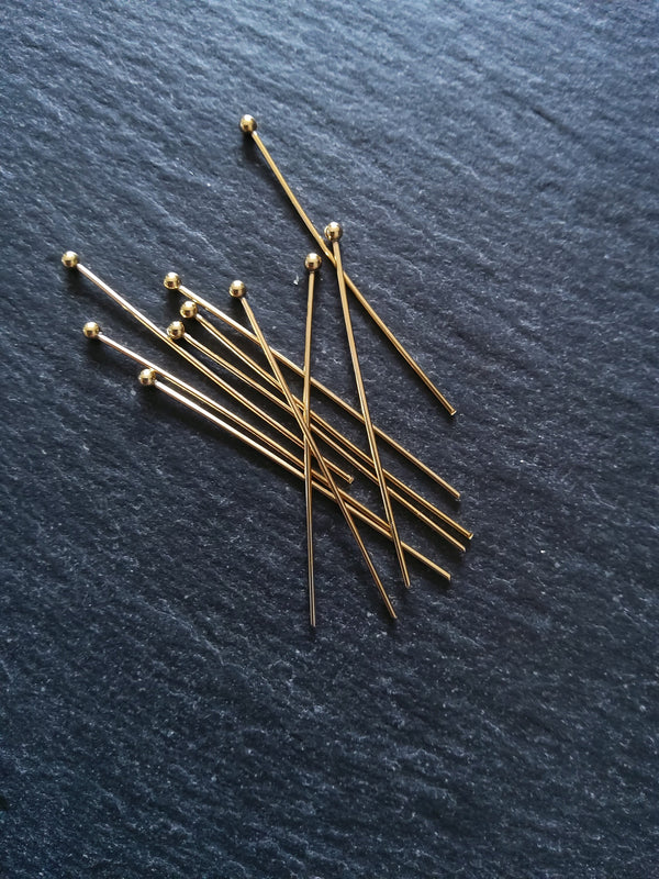 10 or 50 Genuine 24K Gold Plated Stainless Steel Ball Head Pins 40mm Long 0.7mm Wide (21 gauge)