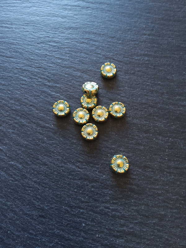 10 or 50 Flower Beads 10mm Antique Gold Tone with Green Patina 10x4mm.