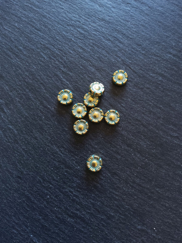 10 or 50 Flower Beads 10mm Antique Gold Tone with Green Patina 10x4mm.