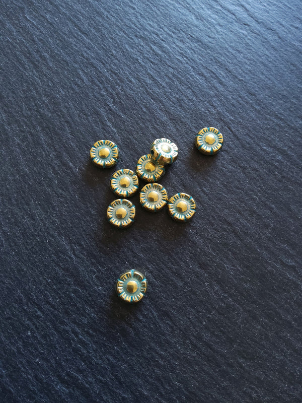 10 or 50 Flower Beads 10mm Antique Gold Tone with Green Patina 10x4mm.