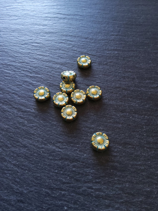 10 or 50 Flower Beads 10mm Antique Gold Tone with Green Patina 10x4mm.