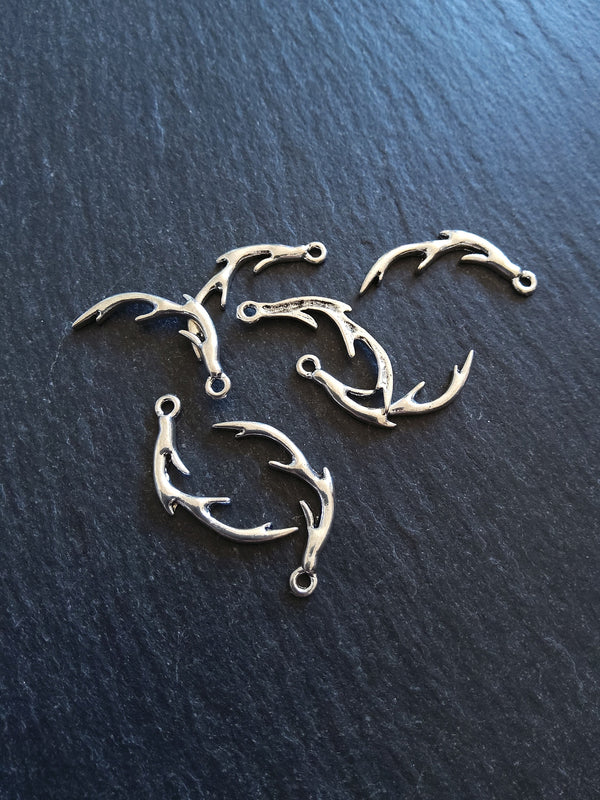 10 or 50 Antler Charms Antique Silver Tone 25x12mm
