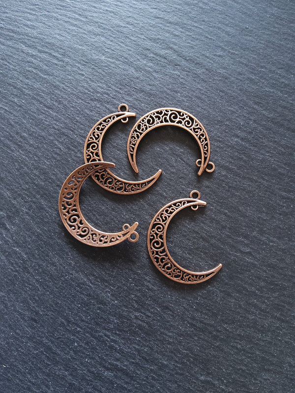 6 or 30 Antique Copper Tone Crescent Moon Alloy Connector Pendants Design 37x31mm Nickel FREE