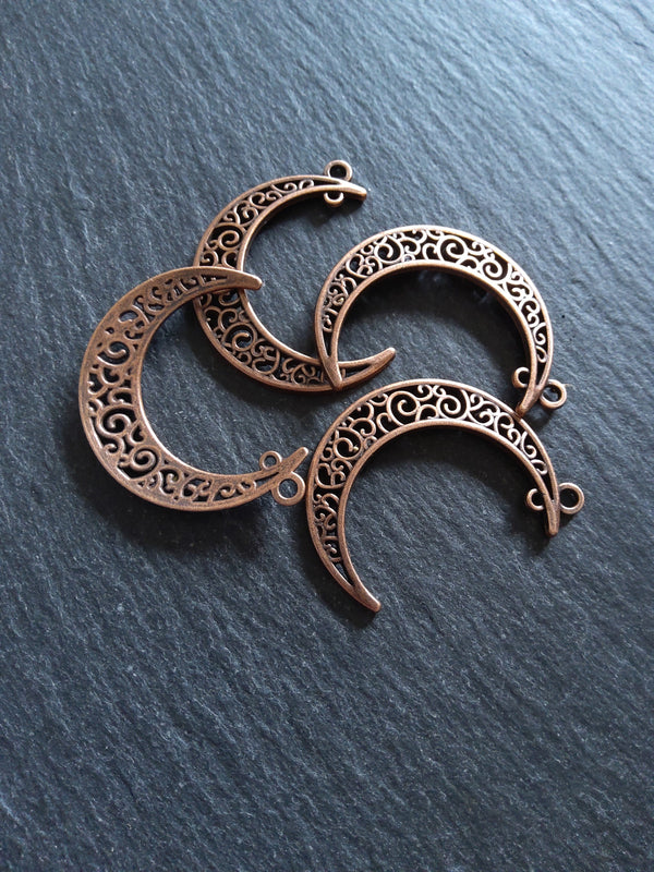 6 or 30 Antique Copper Tone Crescent Moon Alloy Connector Pendants Design 37x31mm Nickel FREE