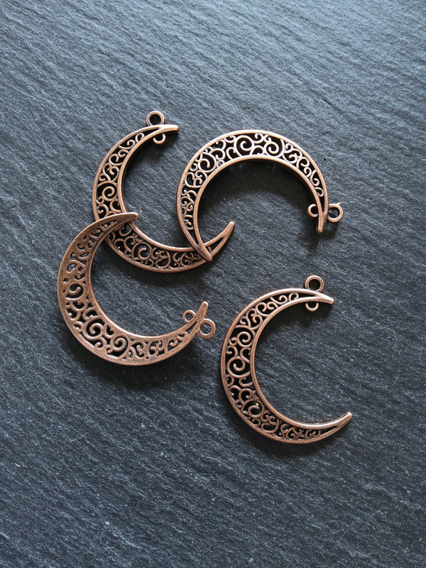 6 or 30 Antique Copper Tone Crescent Moon Alloy Connector Pendants Design 37x31mm Nickel FREE