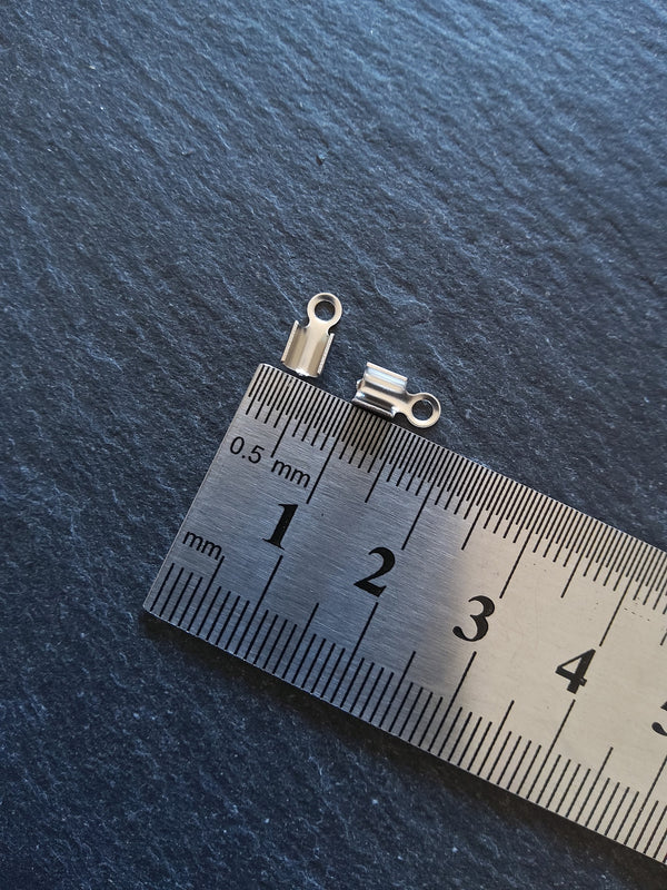 20 or 100 Stainless Steel Folding 9x4mm Crimp End Findings for approx. 2.5mm cord