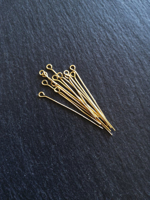 10 or 50 Genuine 18K Gold Plated 40mm Brass Eye Pins 0.7mm (21 gauge)