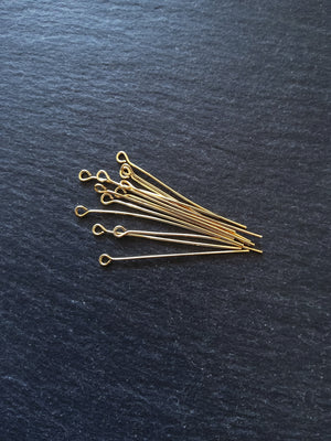 10 or 50 Genuine 18K Gold Plated 40mm Brass Eye Pins 0.7mm (21 gauge)