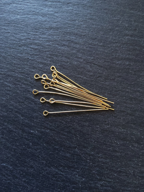 10 or 50 Genuine 18K Gold Plated 40mm Brass Eye Pins 0.7mm (21 gauge)