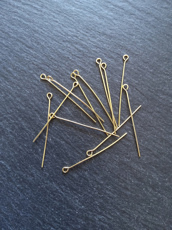 10 or 50 Genuine 18K Gold Plated 40mm Brass Eye Pins 0.7mm (21 gauge)