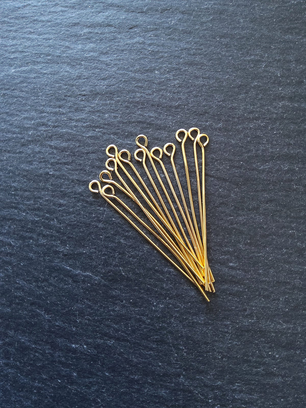 10 or 50 Genuine 18K Gold Plated 40mm Brass Eye Pins 0.7mm (21 gauge)