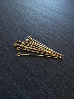 10 or 50 Genuine 18K Gold Plated 40mm Brass Eye Pins 0.7mm (21 gauge)