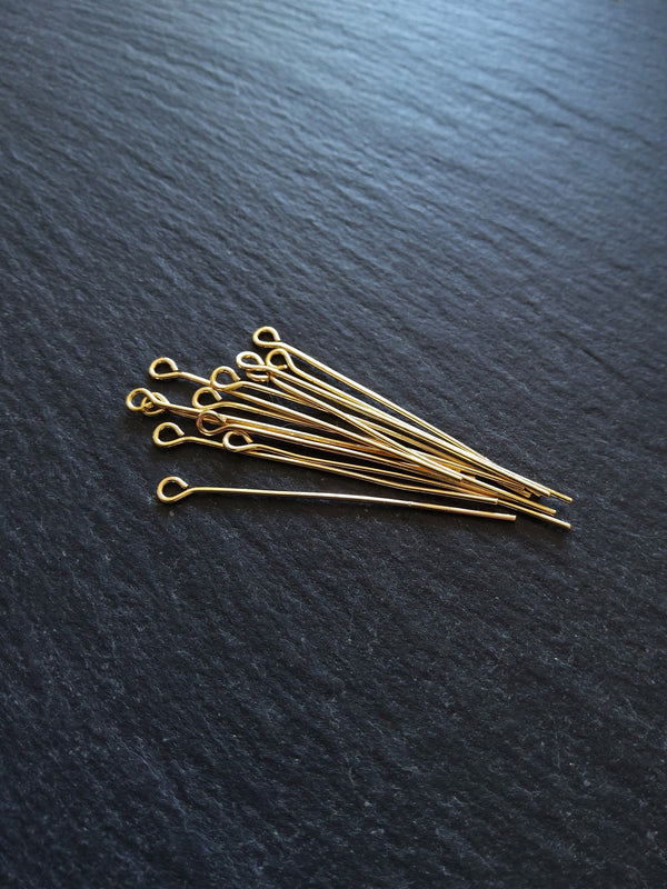 10 or 50 Genuine 18K Gold Plated 40mm Brass Eye Pins 0.7mm (21 gauge)