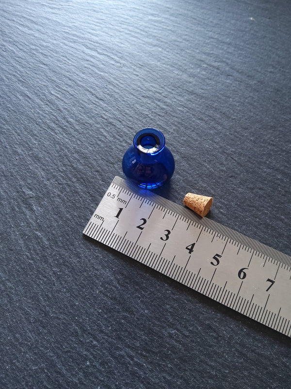 2 or 10 Little Glass Bottles Cobalt Blue Flat Bottom with Cork Stopper Size 27x21mm
