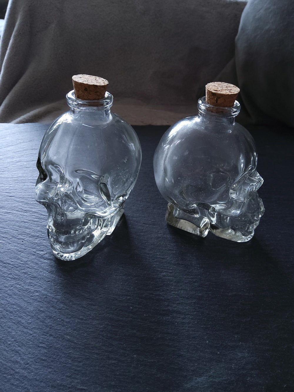 1 or 5 Large Clear Glass Skull Bottles with Cork Stopper 120ml Size 90x60mm (3.5"x2.4") - ContentedCatz