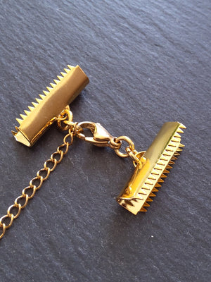 1 or 5 Gold Stainless Steel Crimp End Sets for 25mm (1 inch) Ribbon with Extender Chain