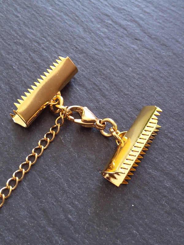1 or 5 Gold Stainless Steel Crimp End Sets for 25mm (1 inch) Ribbon with Extender Chain