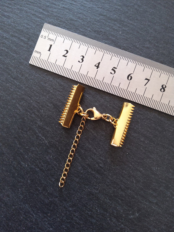 1 or 5 Gold Stainless Steel Crimp End Sets for 25mm (1 inch) Ribbon with Extender Chain