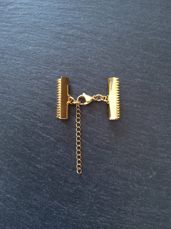 1 or 5 Gold Stainless Steel Crimp End Sets for 25mm (1 inch) Ribbon with Extender Chain
