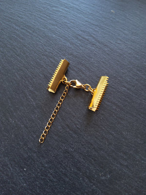 1 or 5 Gold Stainless Steel Crimp End Sets for 25mm (1 inch) Ribbon with Extender Chain