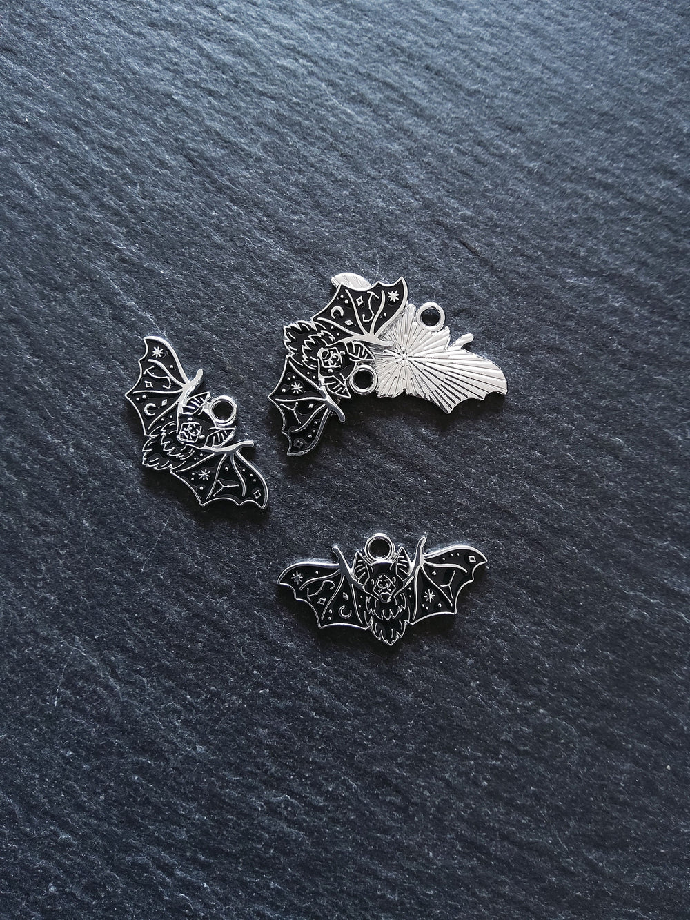 4 or 20 Flying Vampire Bat Charms Antique Silver Alloy & Black Enamel 26x14mm