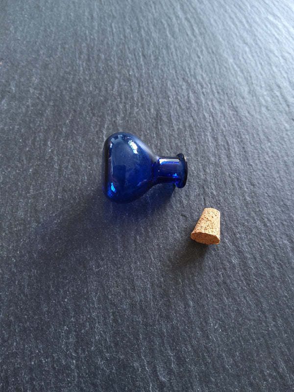 2 or 10 Little Glass Bottles Cobalt Blue Flat Bottom with Cork Stopper Size 27x21mm